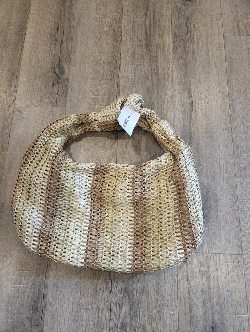 Urban Expressions Striped Hobo Bag Top Knot Handle Zip Lined Inner Pockets Tan